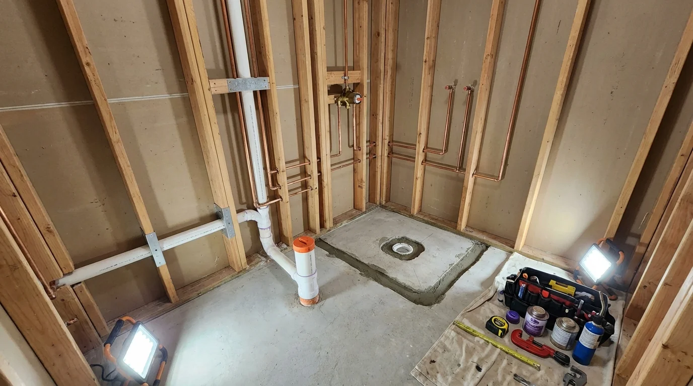 Bathroom rough-in plumbing during remodel by Johns Plumbing LLC in Long Branch