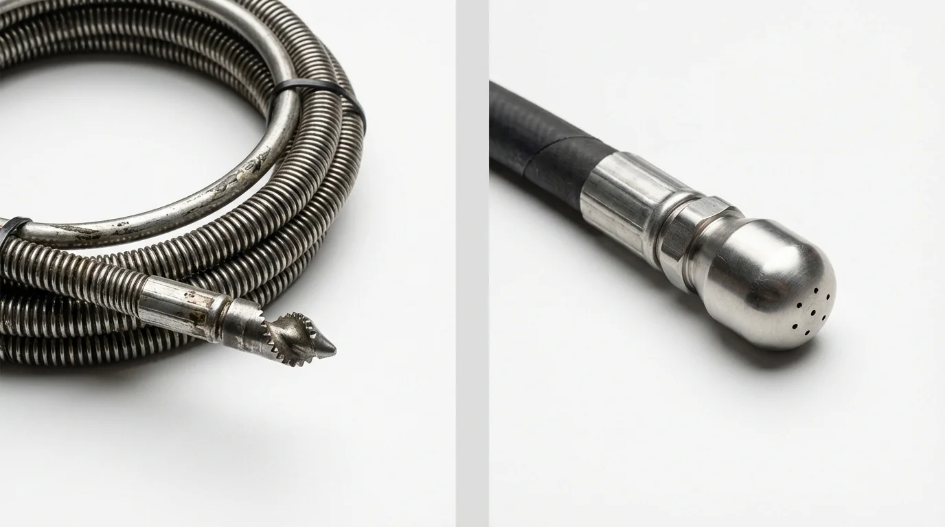 Drain snake cable and hydro jetting nozzle used for drain cleaning in Long Branch, NJ