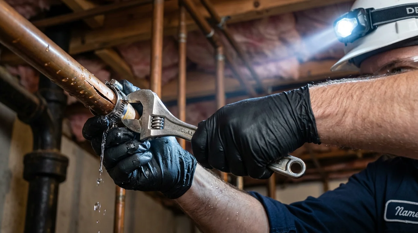 Emergency pipe clamp repair being performed by a Johns Plumbing LLC plumber in Long Branch