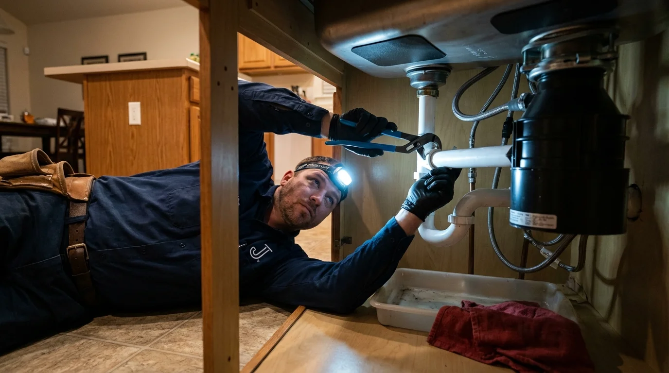 P-trap and supply line connections under a kitchen sink showing a common leak point in Long Branch, NJ